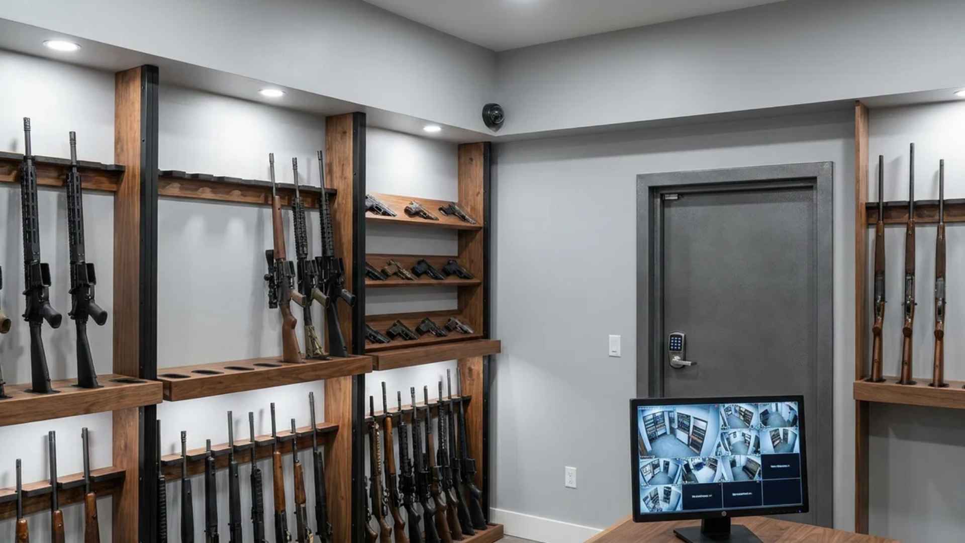 Security camera monitoring a clean gun room with organized firearm displays and storage