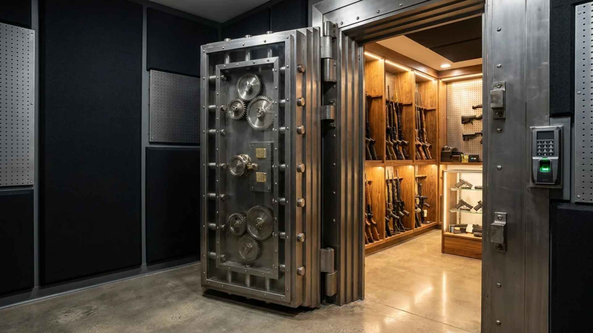Steel vault door entrance leading into a secure gun room with organized firearm storage
