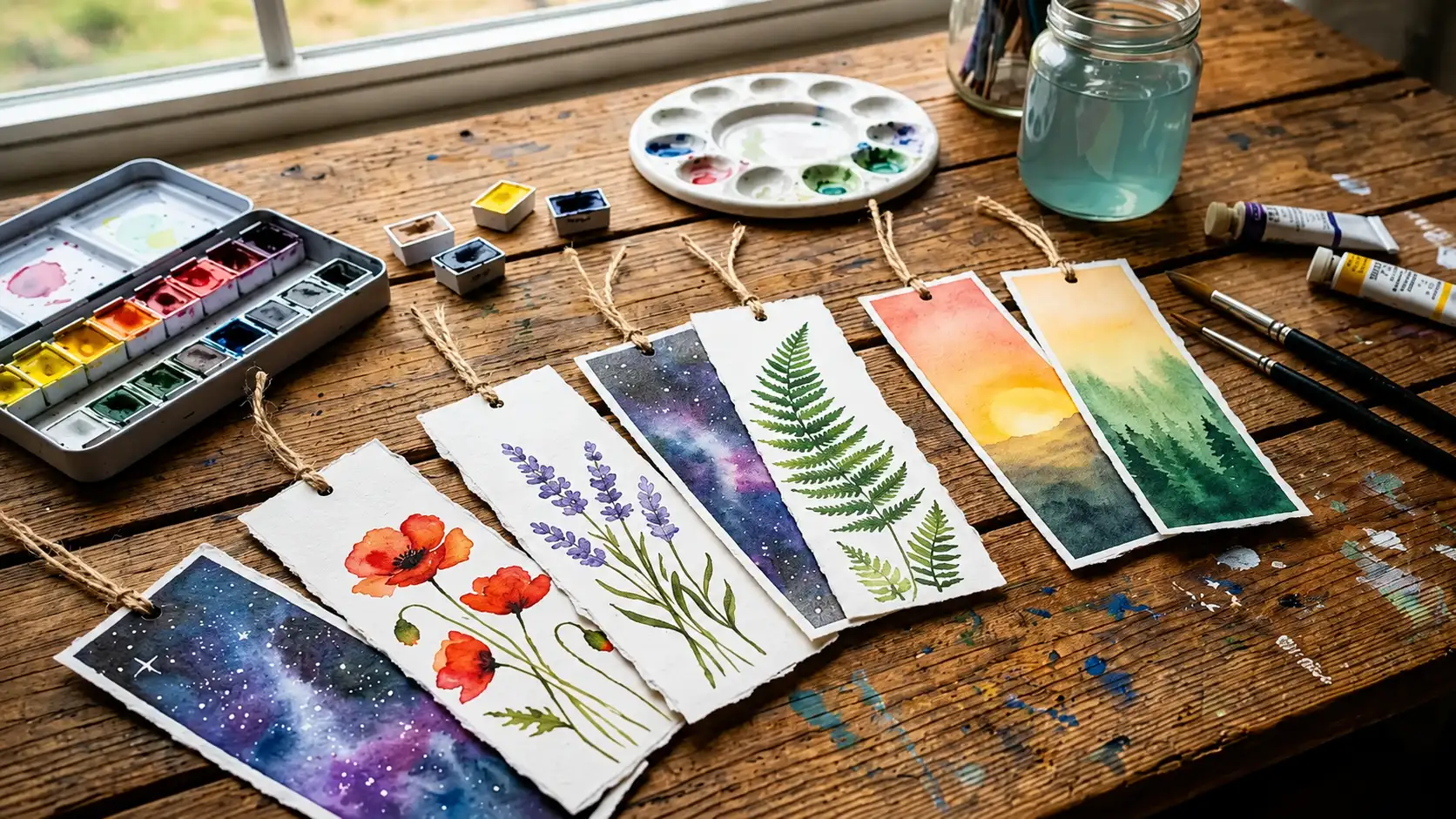 Handmade watercolor bookmarks with soft gradient and floral designs
