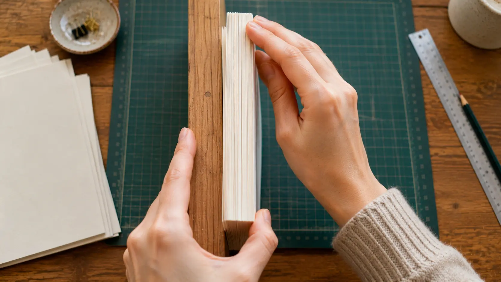 Hands aligning pages into a clean and even book block