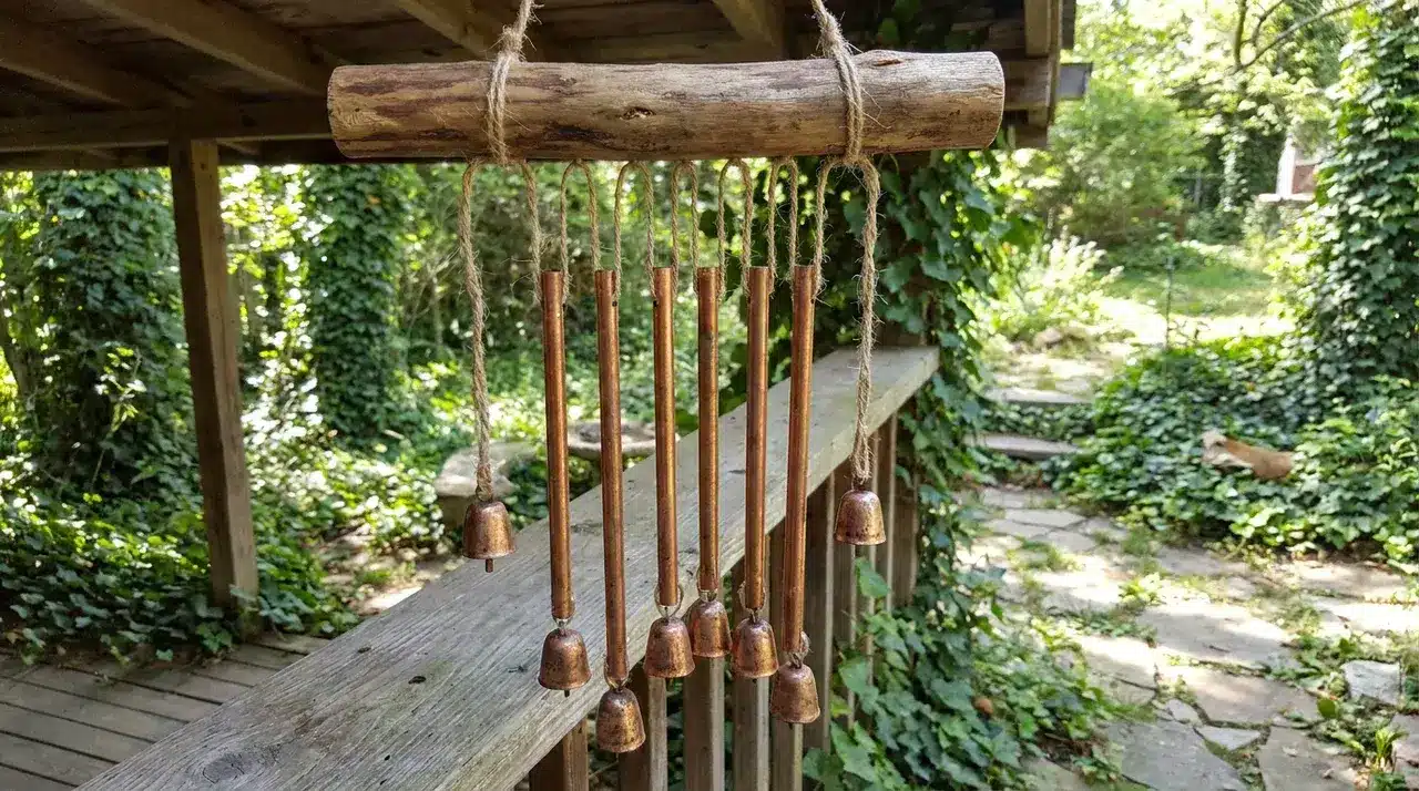 Copper tubes and small copper bells hanging from a wooden log base on a garden deck railing