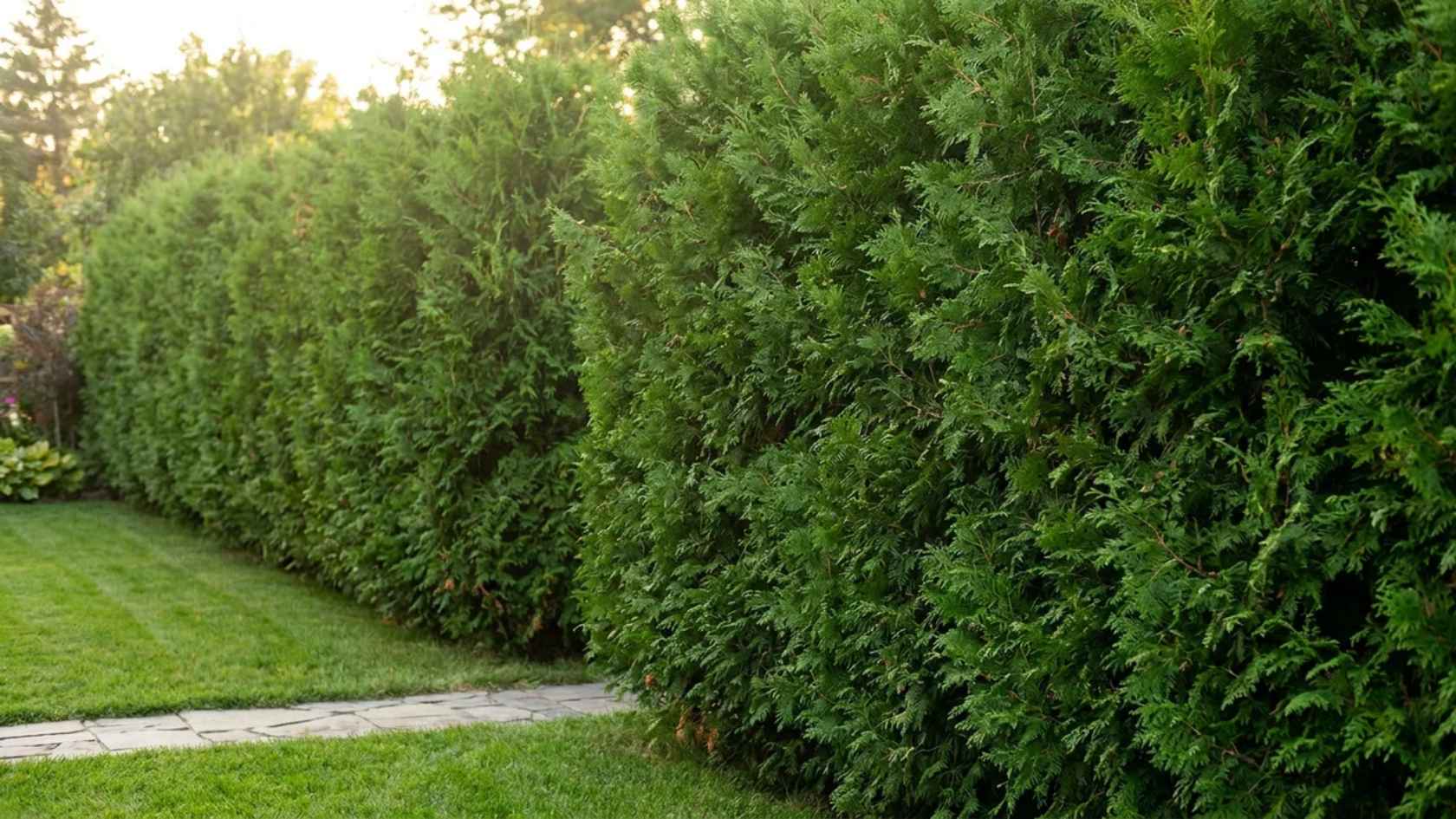 Dense evergreen hedgerow fence creating a natural privacy barrier along a residential backyard