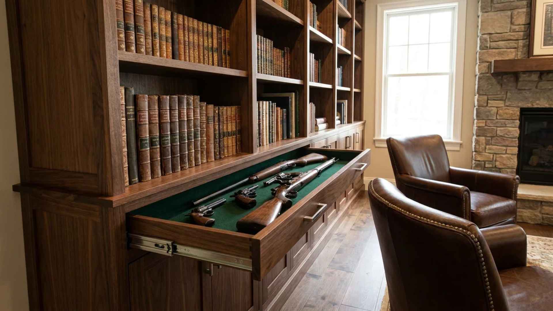 Secret bookshelf cabinet revealing concealed firearm storage in a clean home library setting