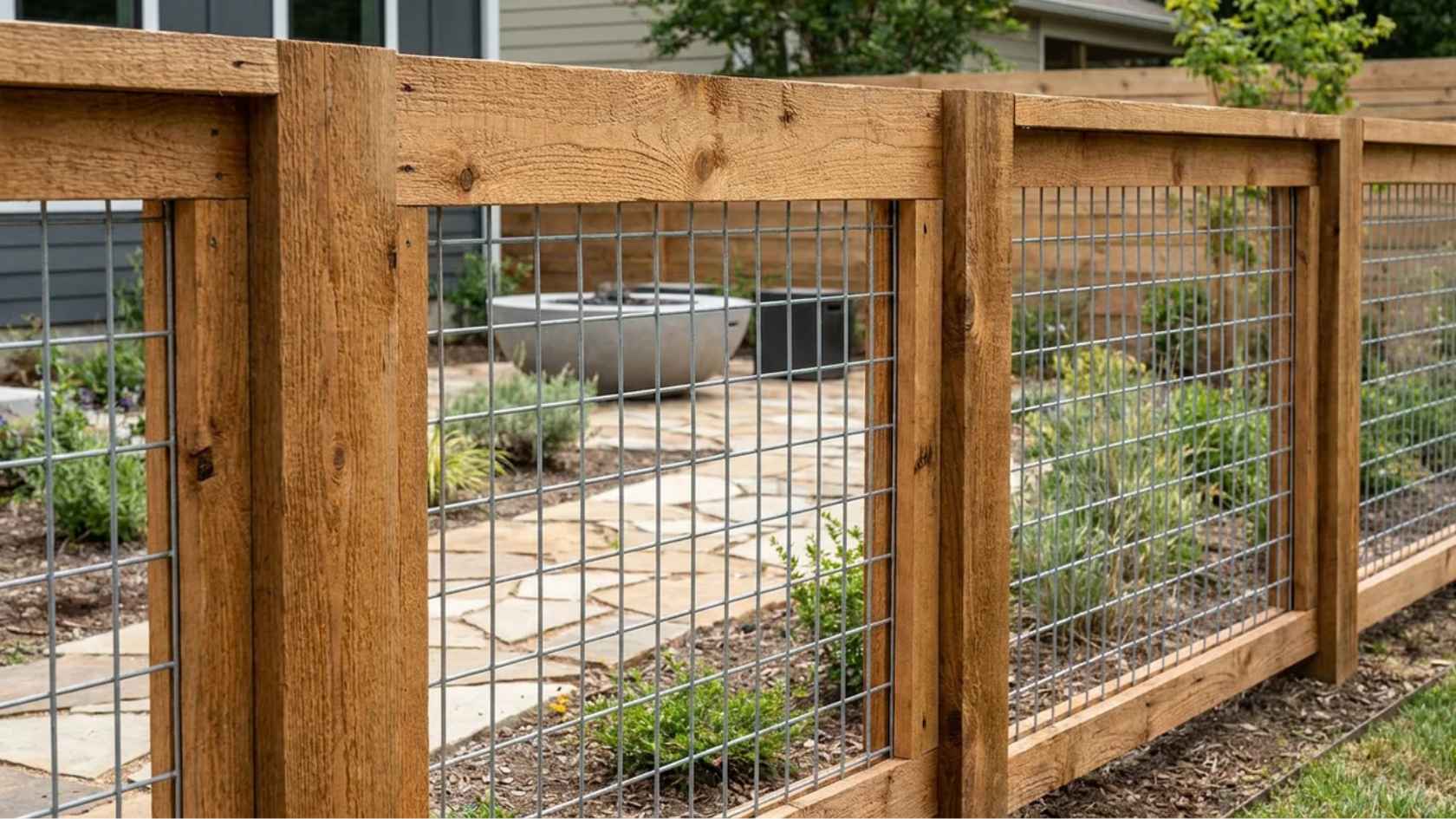 Hog wire panel fence with wooden posts creating a durable and modern backyard boundary