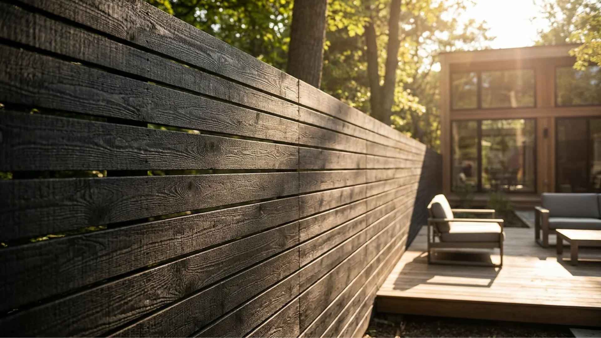 Modern horizontal cedar fence with black finish surrounding a contemporary backyard deck area.