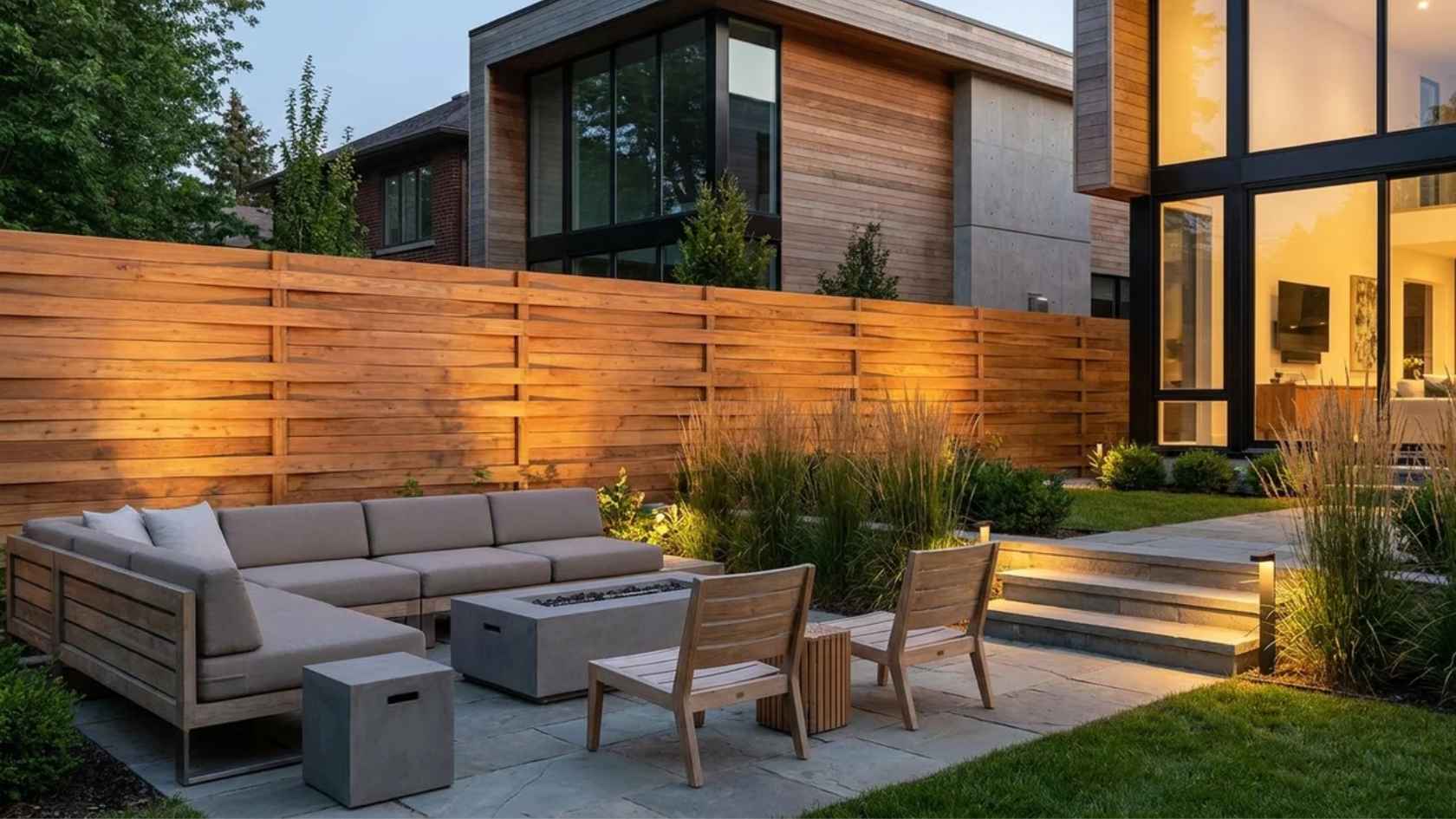 Modern horizontal privacy fence with clean lines surrounding a contemporary backyard space.