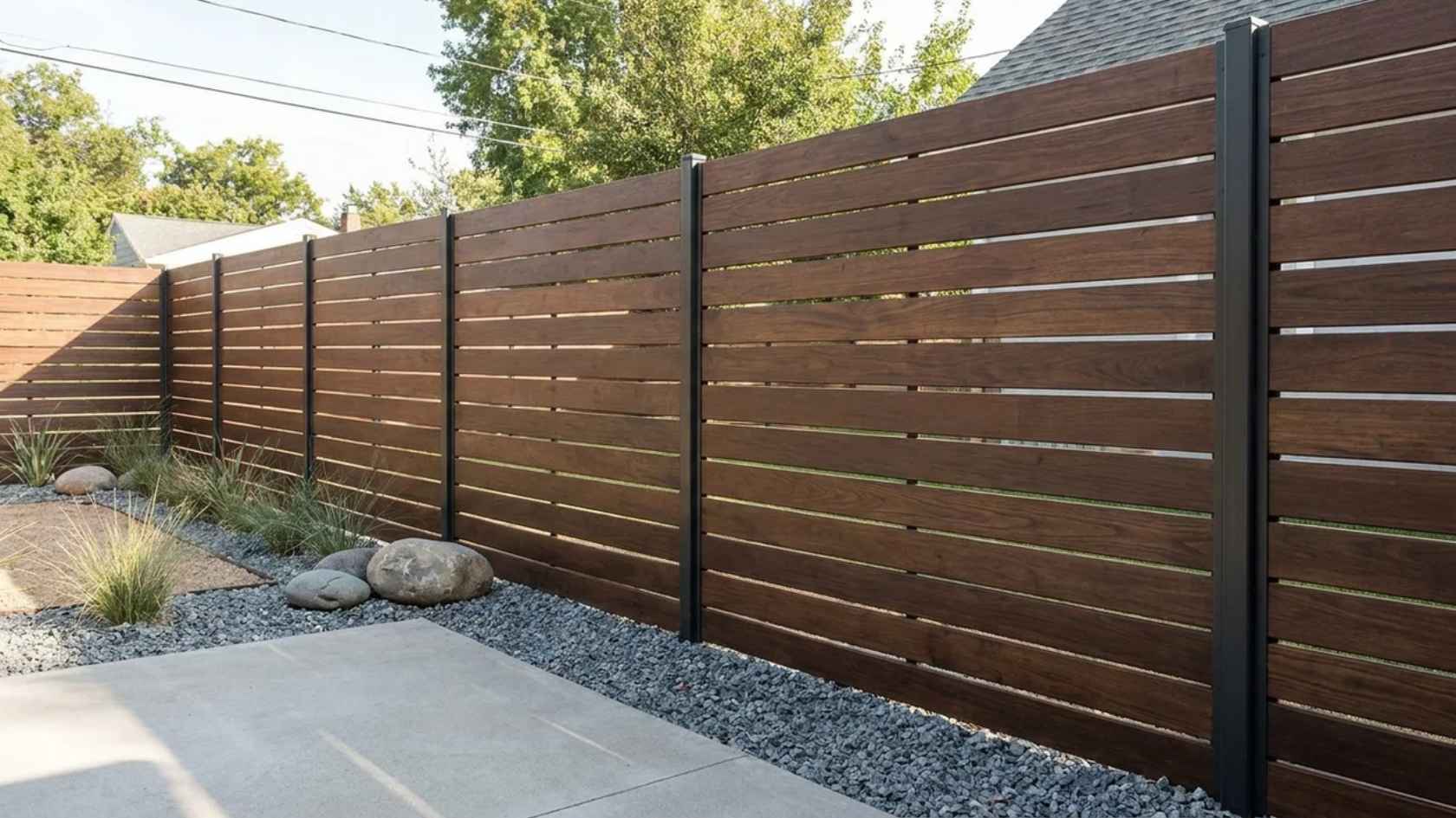 Modern horizontal wood slat fence with black posts along a landscaped backyard