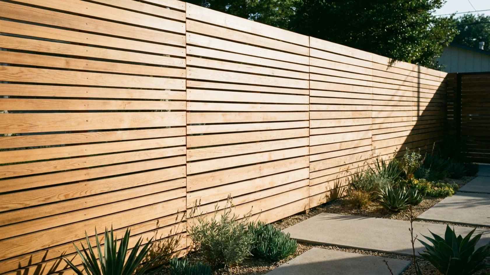 Modern horizontal wood slat fence with clean lines and natural cedar finish in backyard