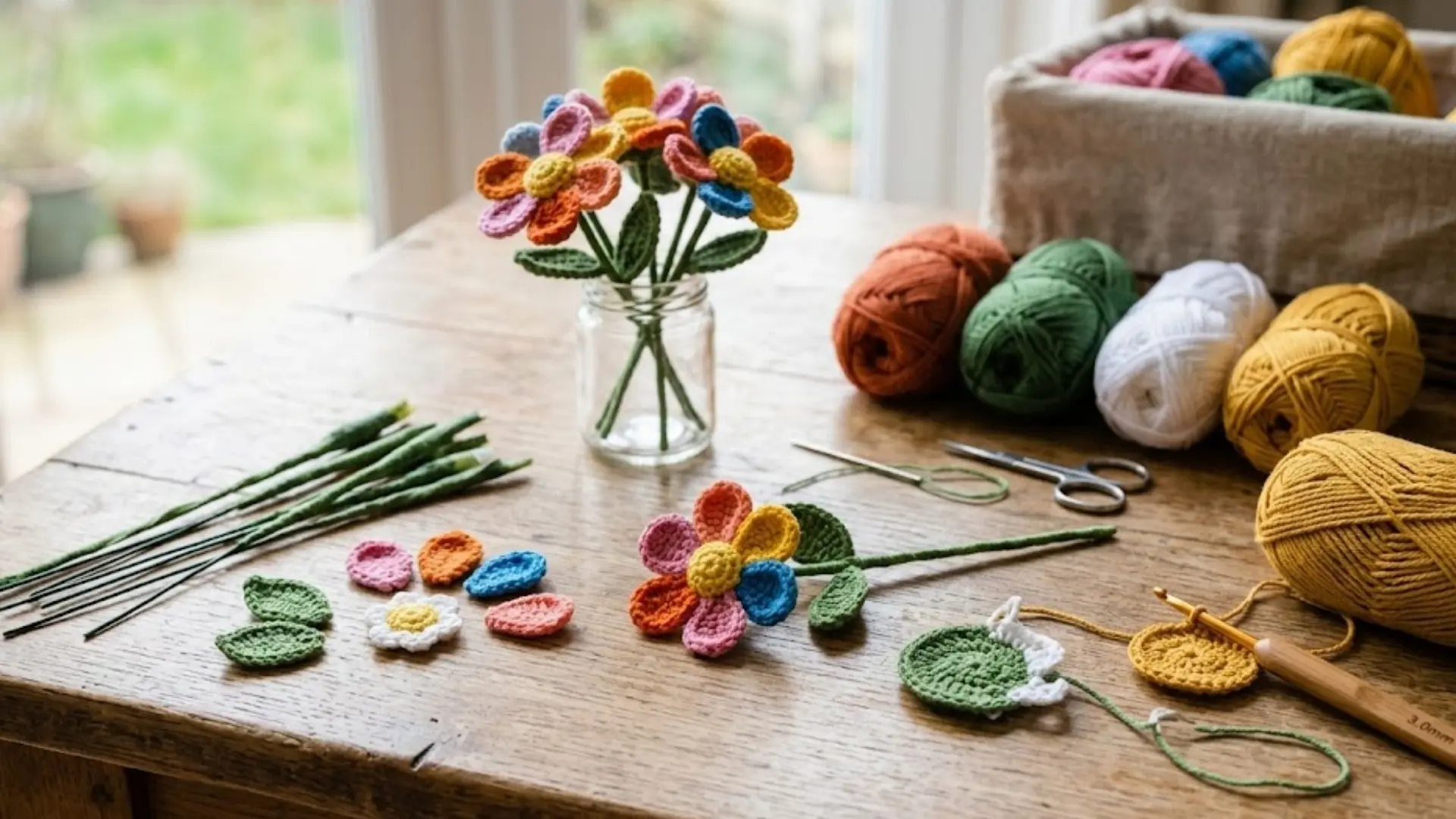 Crochet flower-making workspace showing flower pieces, yarn, leaves, and finished blooms
