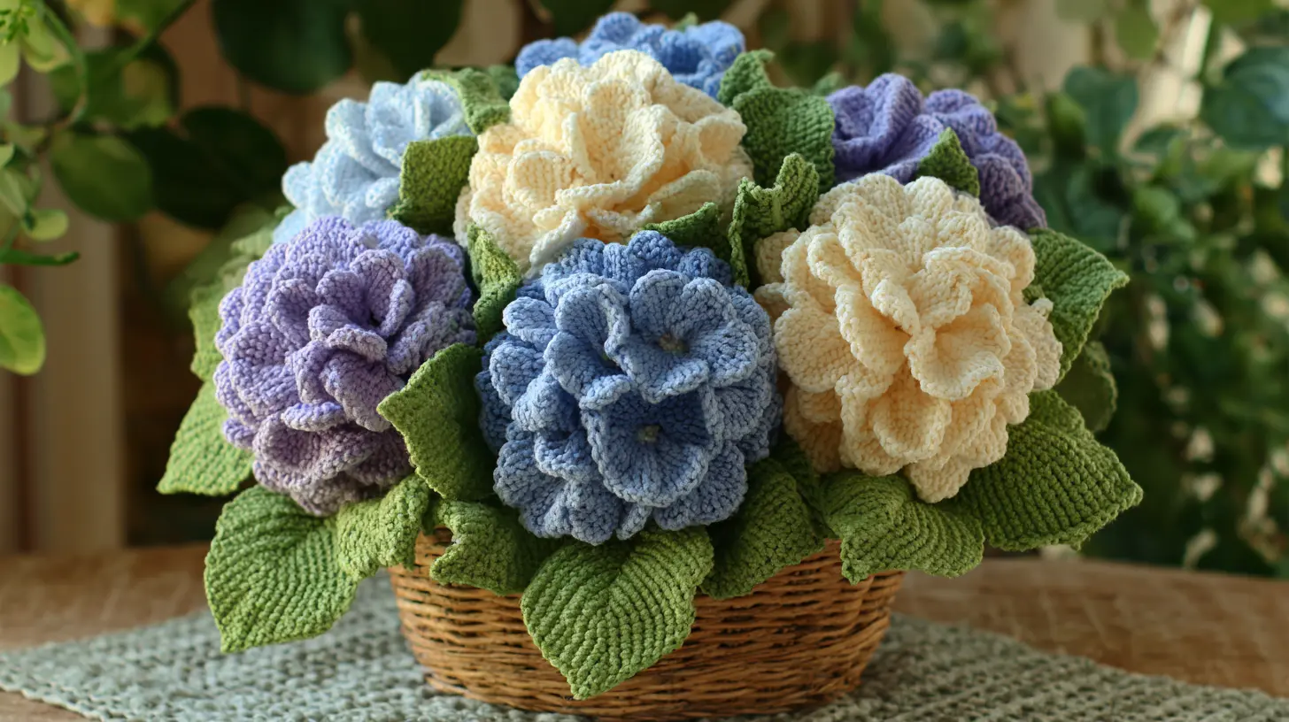 Crochet hydrangea arrangement with clustered flowers in rustic vase
