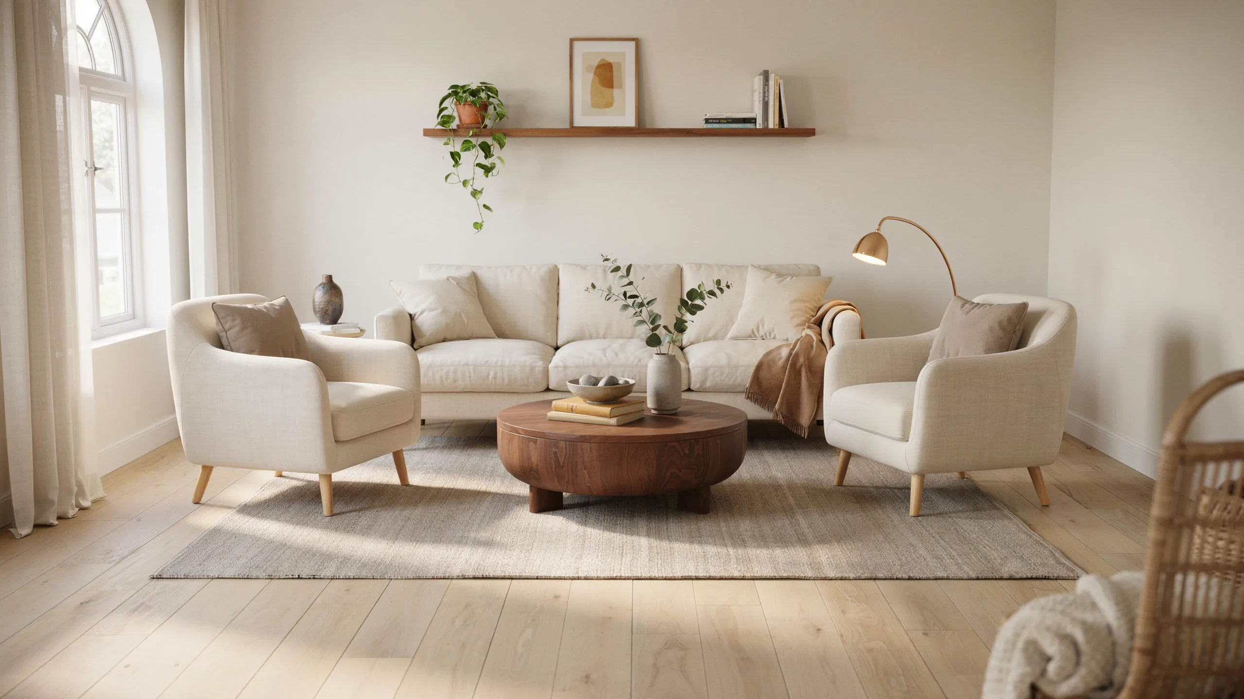 Square living room with symmetrical seating centered around a round coffee table for balanced design.