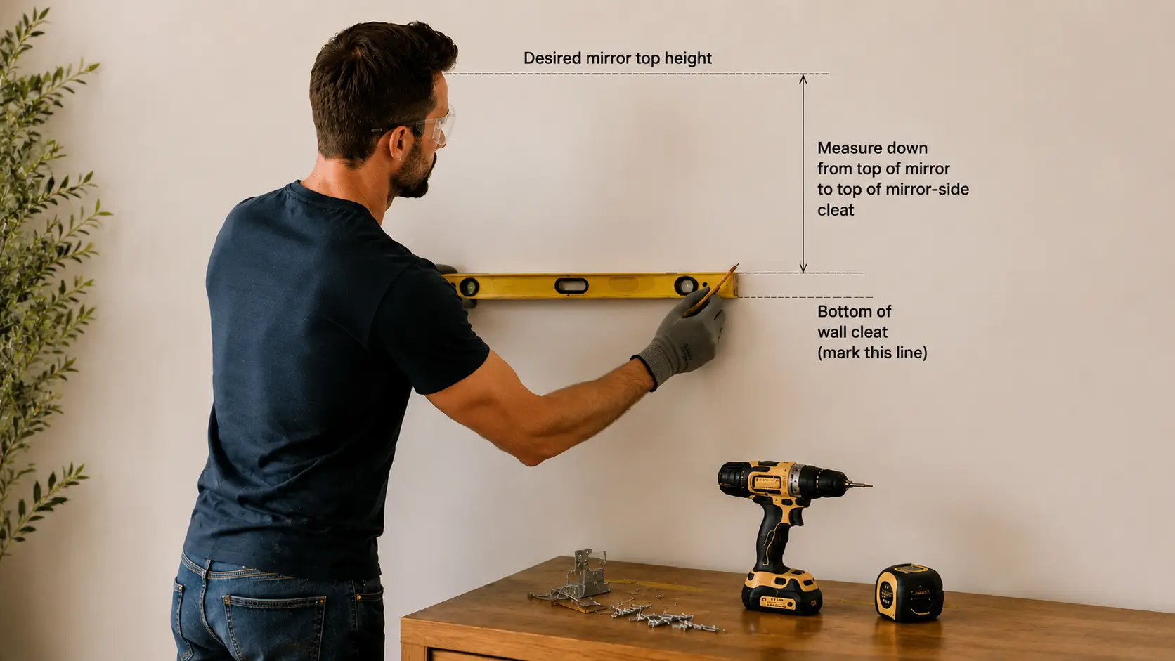 A man measures and marks anchor points on a wall for hanging a large round mirror, using a level and tape measure, with tools and a French cleat visible on a wooden console.