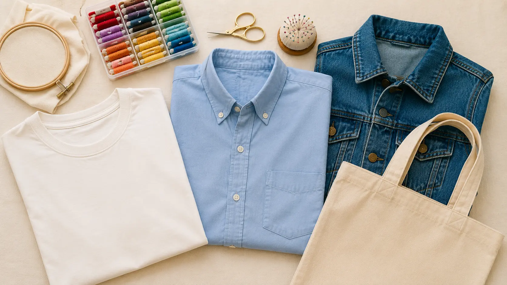 Flat lay of beginner-friendly garments and embroidery supplies, including a cotton T-shirt, button-up shirt, denim jacket, and canvas tote bag