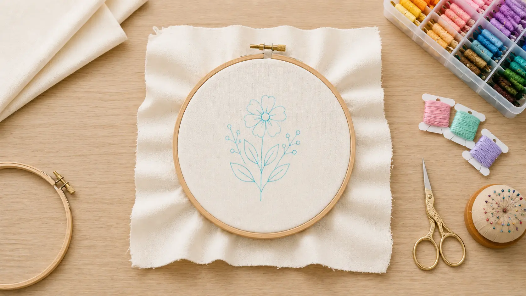 Embroidery fabric stretched tightly and centered in a hoop, with extra fabric extending evenly around the edges and stitching supplies