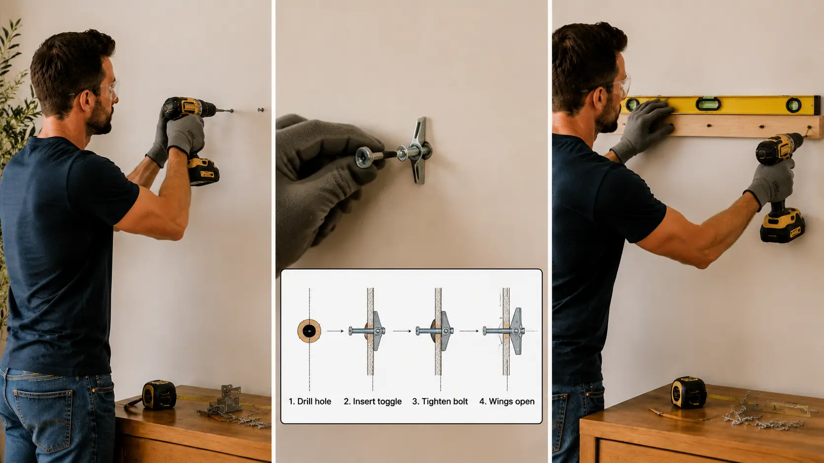 A man drills holes and installs hardware to hang a large round mirror, showing techniques for screws into studs, toggle bolts in drywall, and French cleat installation