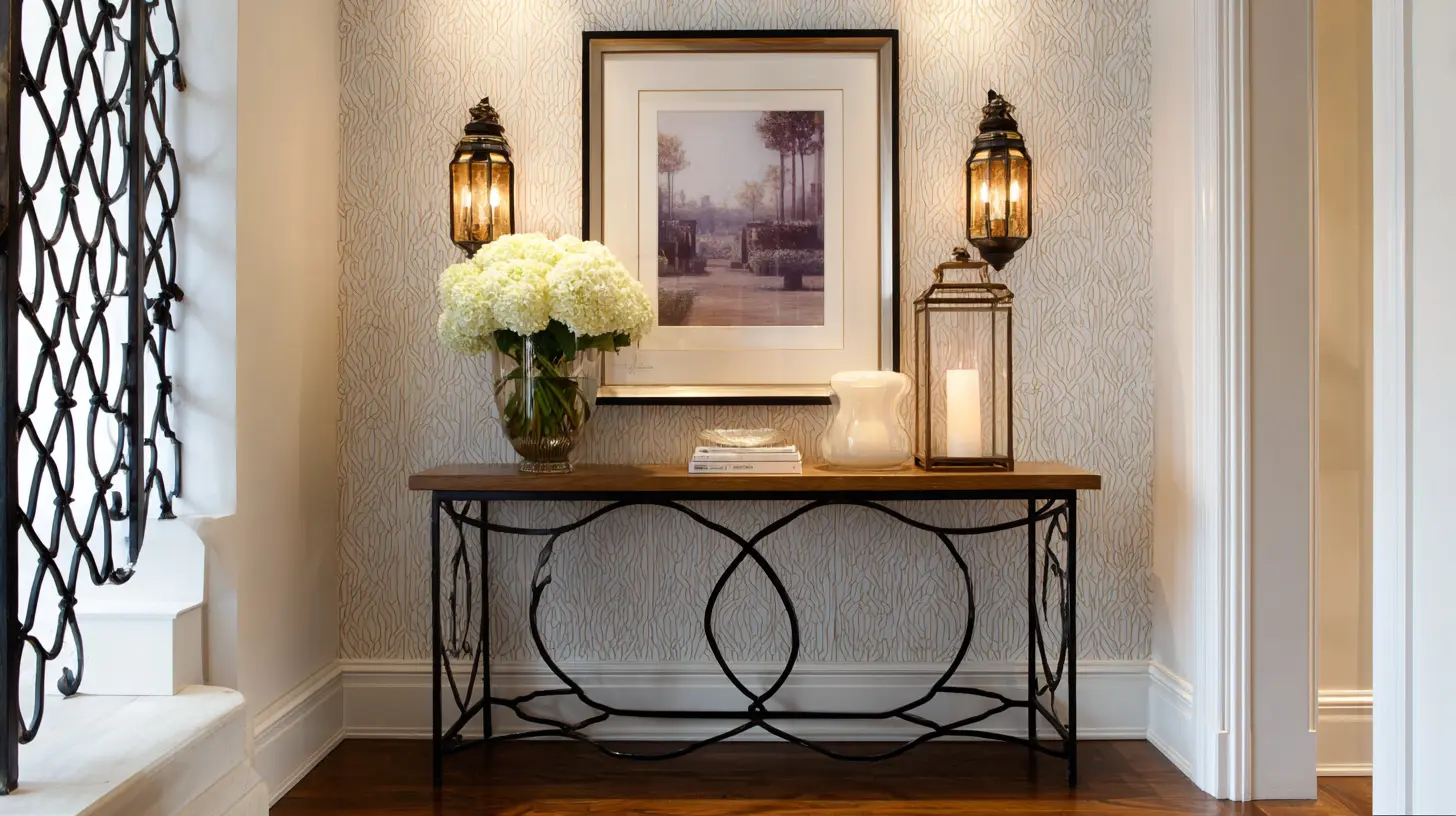 Modern entryway console table styled with framed wall art, lantern lighting, and floral decor in a warm hallway setting
