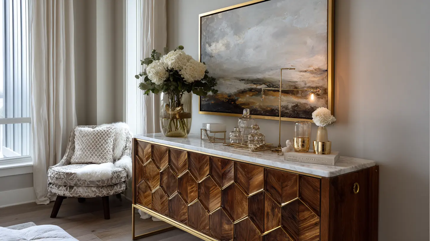 An elegant wooden bedroom console table featuring a marble top, geometric patterned doors