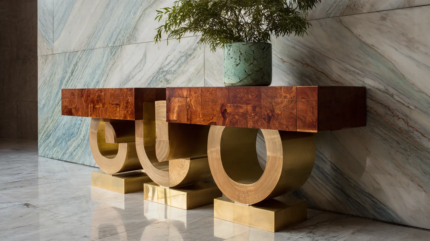 A modern console table featuring a thick burl wood top supported by sculptural, geometric brass ring bases