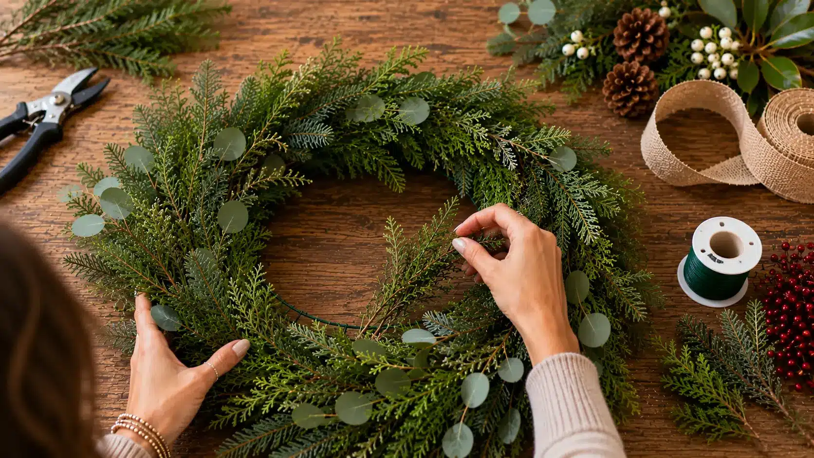 Person arranging evergreen and eucalyptus branches on a nearly finished DIY wreath frame with floral wire and holiday decorations