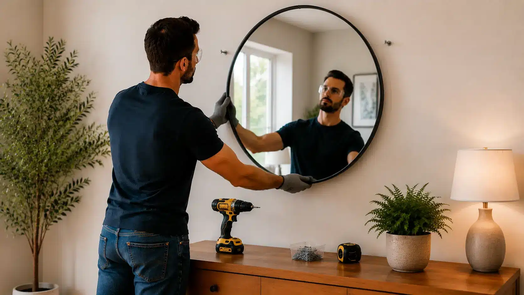 A man wearing gloves and safety glasses carefully hangs a large round mirror on a wall in a bright, modern living room