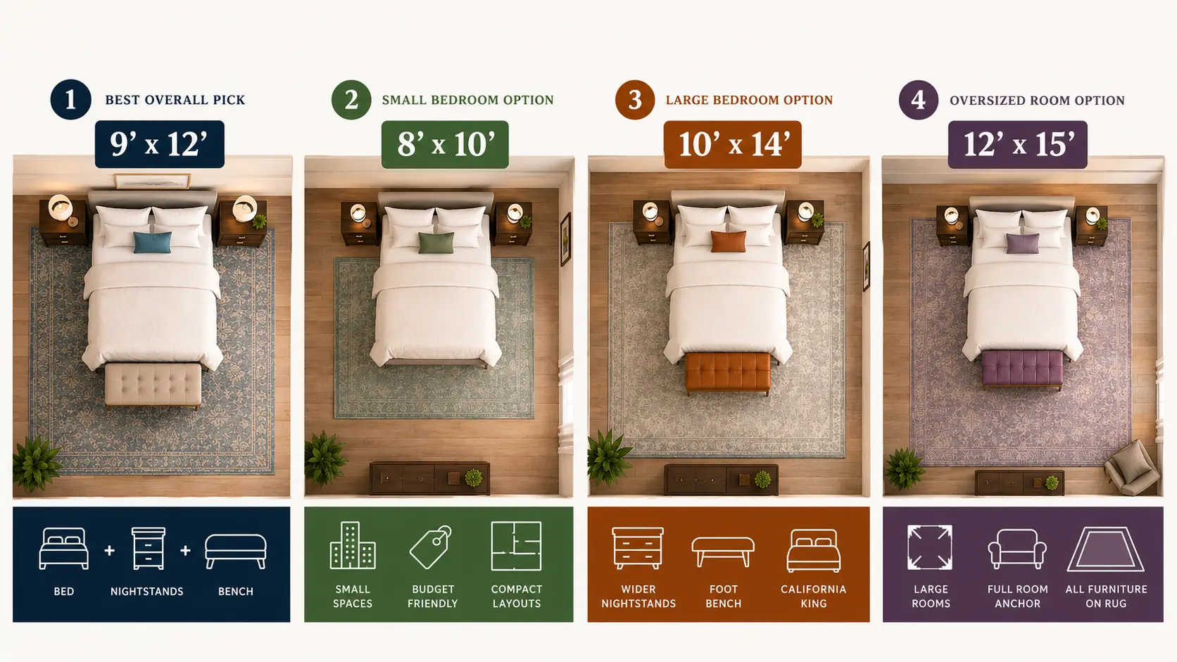 Infographic showing four king bed rug size options by room layout, including 9x12, 8x10, 10x14, and 12x15 rug placements.
