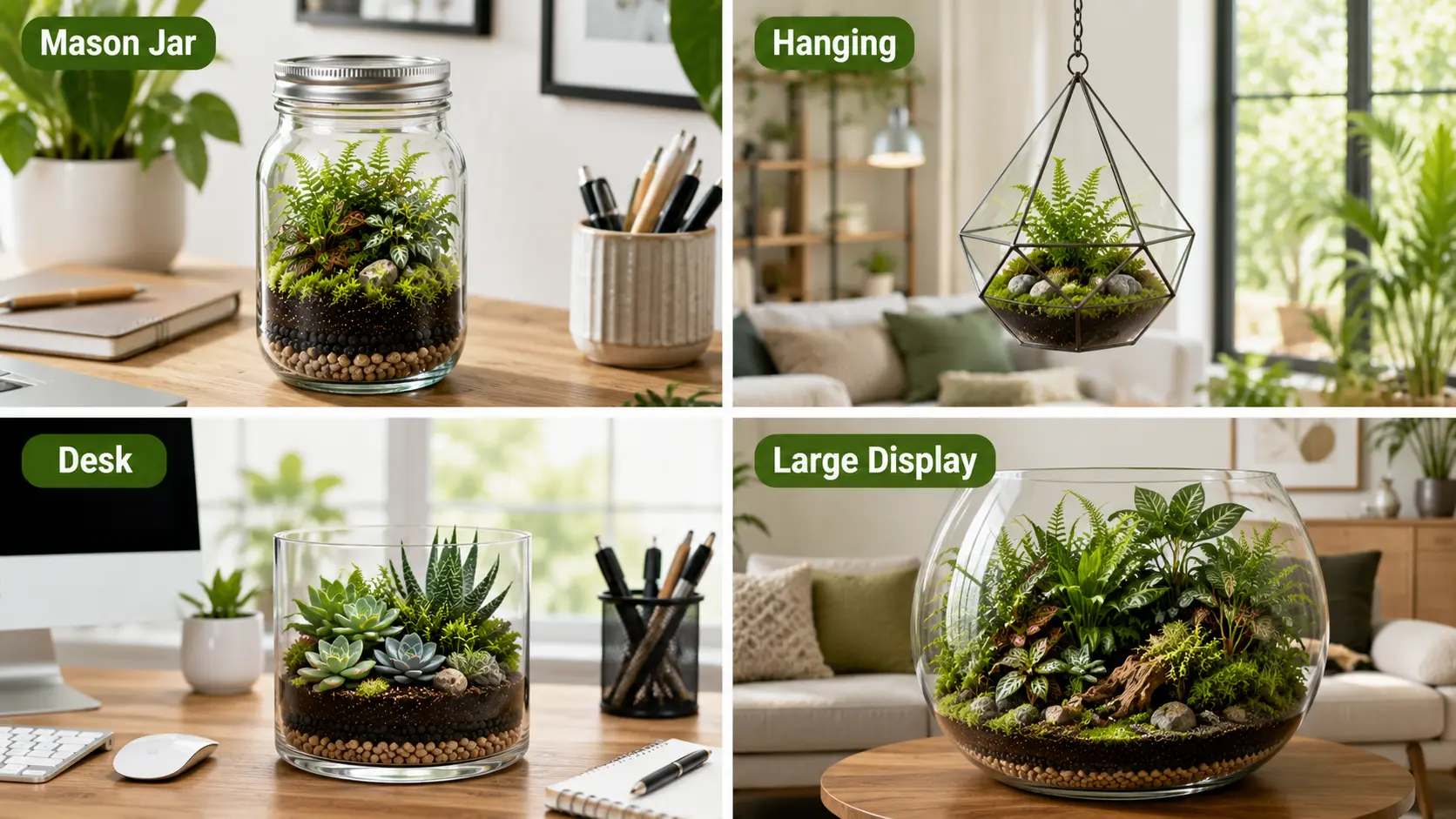 image showing mason jar, hanging, desk, and large display terrarium ideas