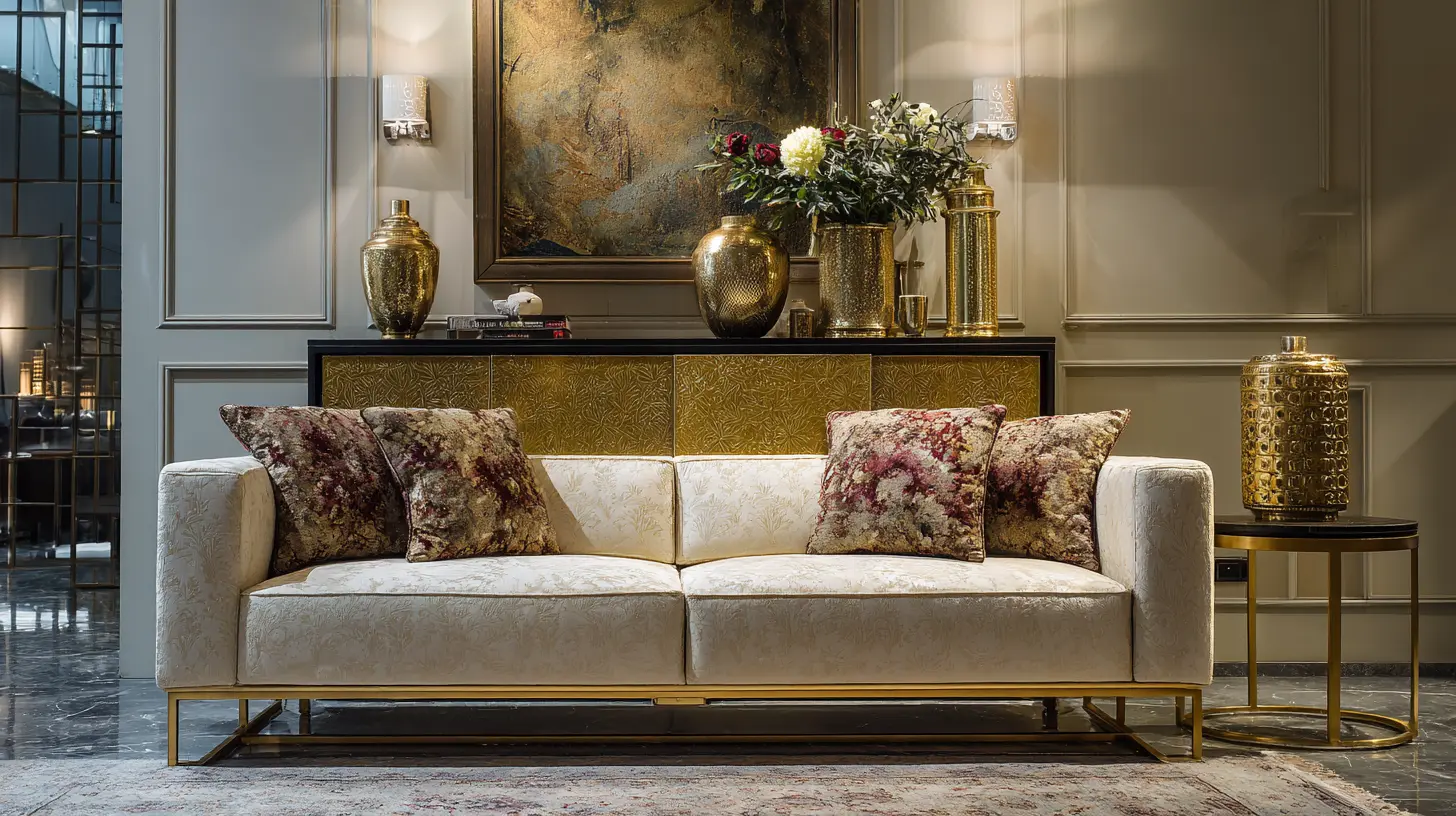 console table behind a sofa styled with gold decor accents, floral arrangements, and modern luxury living room design