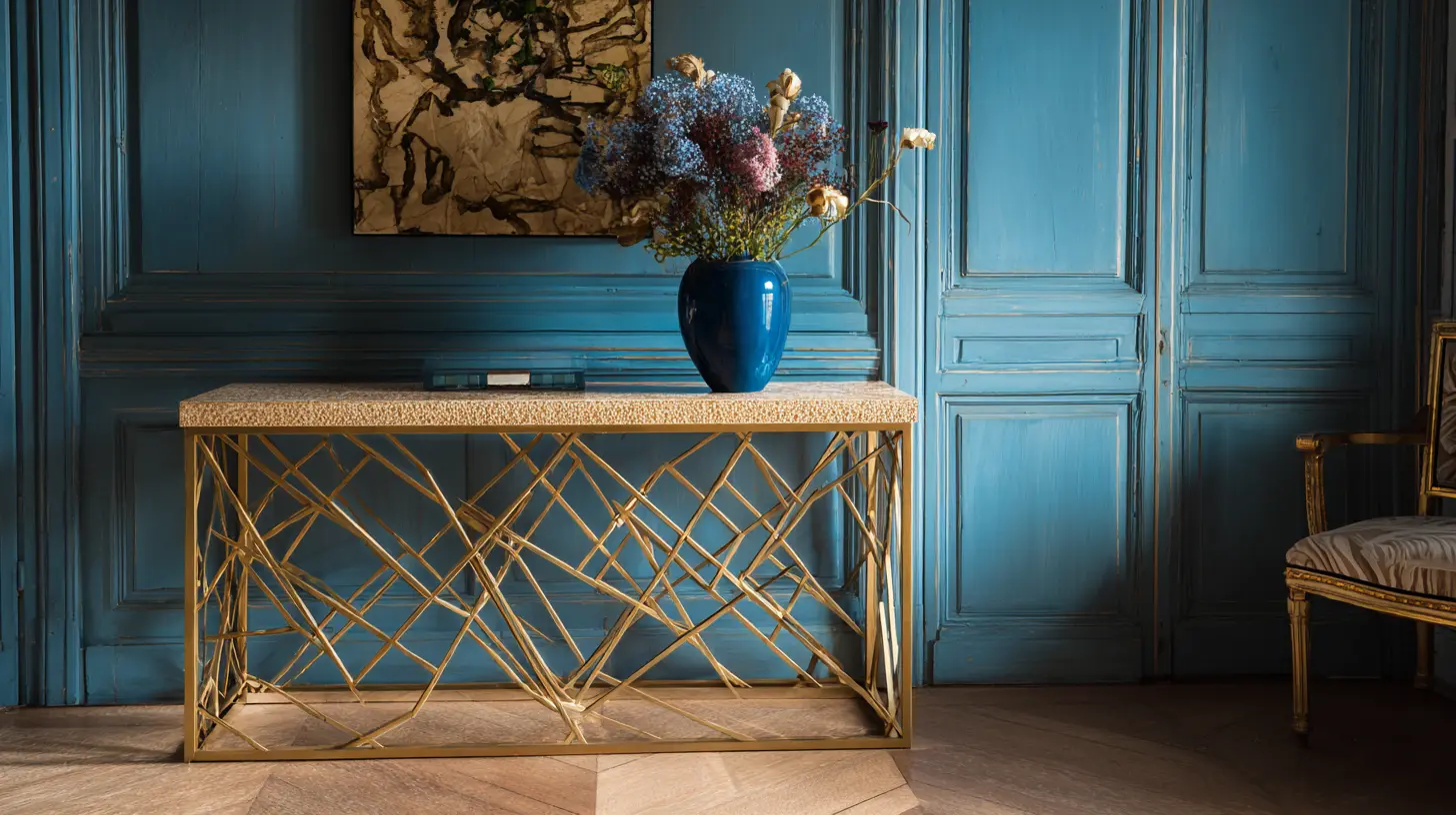 A console table with a textured top and a sculptural, intersecting gold metal base