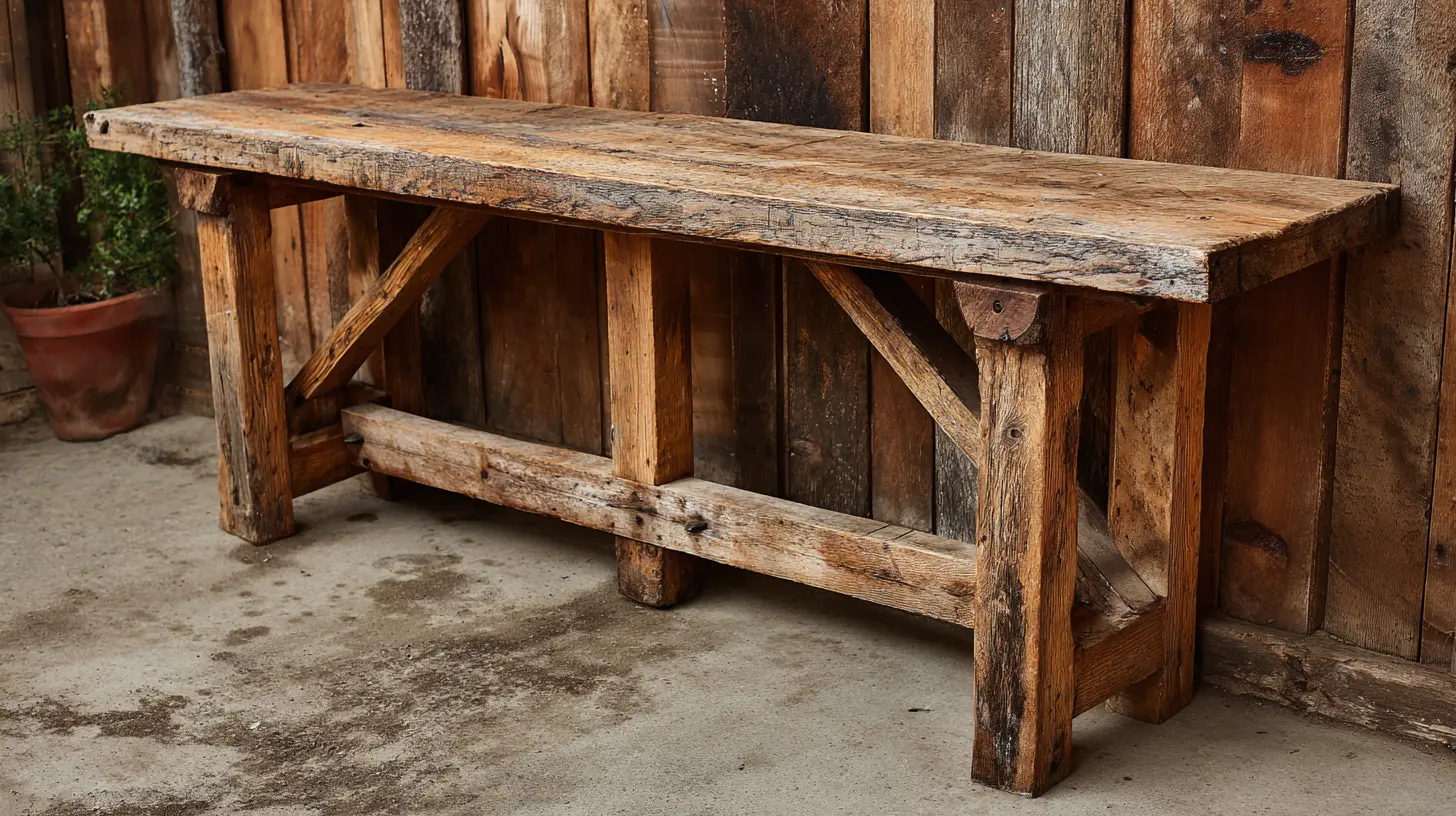 A rustic farmhouse console table crafted from weathered, reclaimed wood with thick sturdy legs