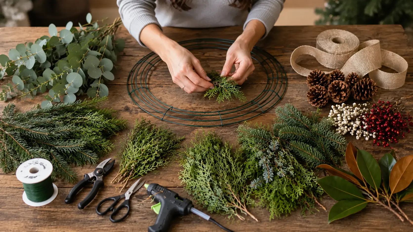 Person arranging fresh greenery on a wire frame with pinecones, berries, and ribbon for a DIY holiday wreath