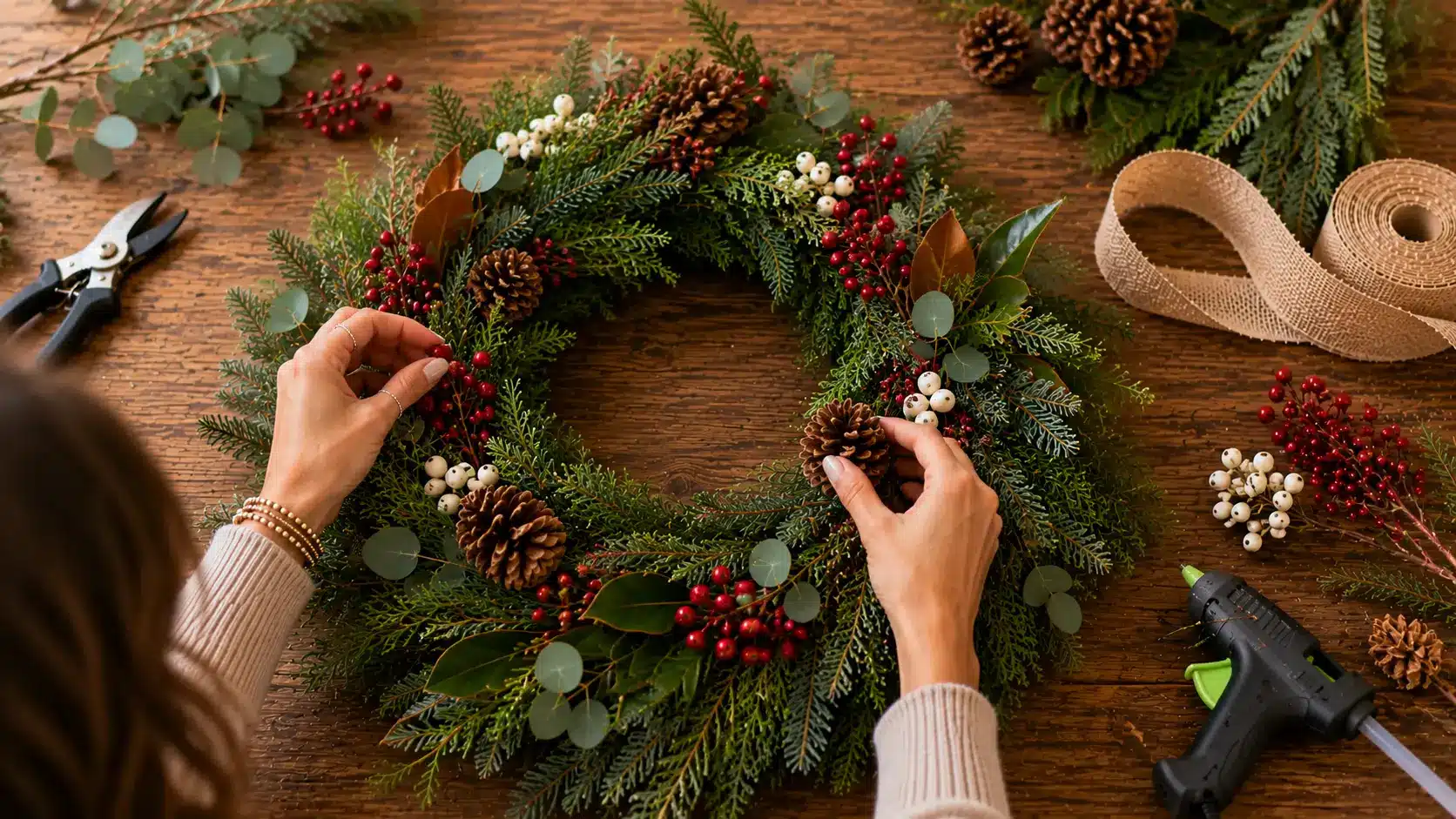Person decorating a handmade evergreen wreath with pinecones, red berries, white berries, and magnolia leaves