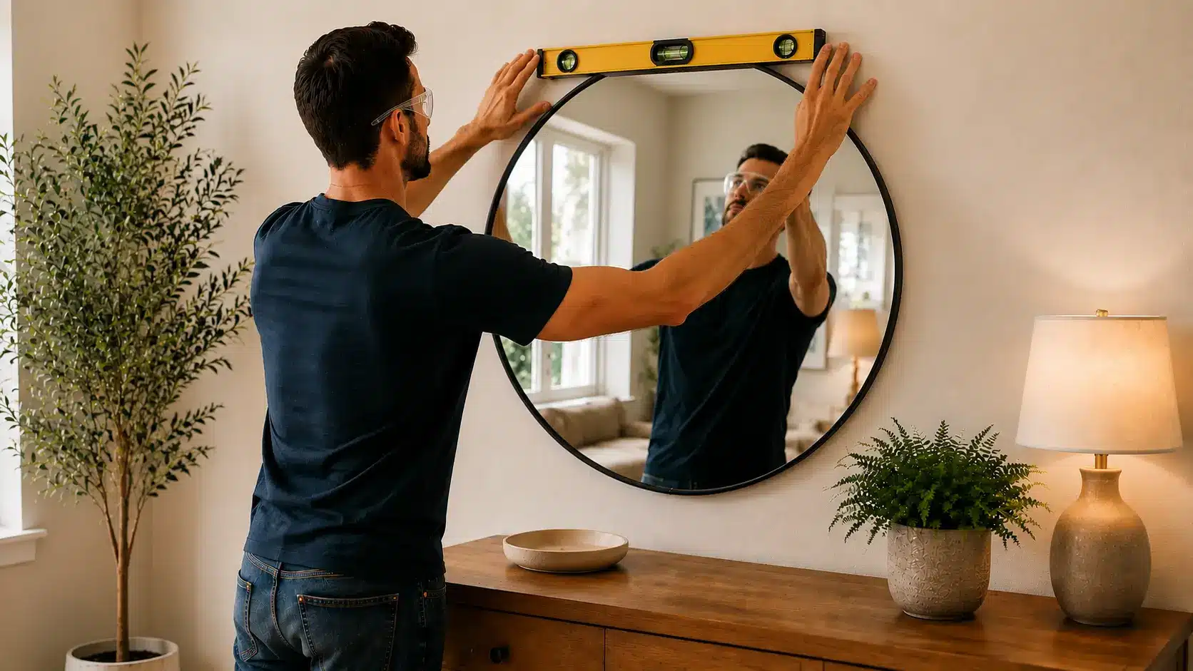 A man wearing gloves and safety glasses checks the level and stability of a large round mirror
