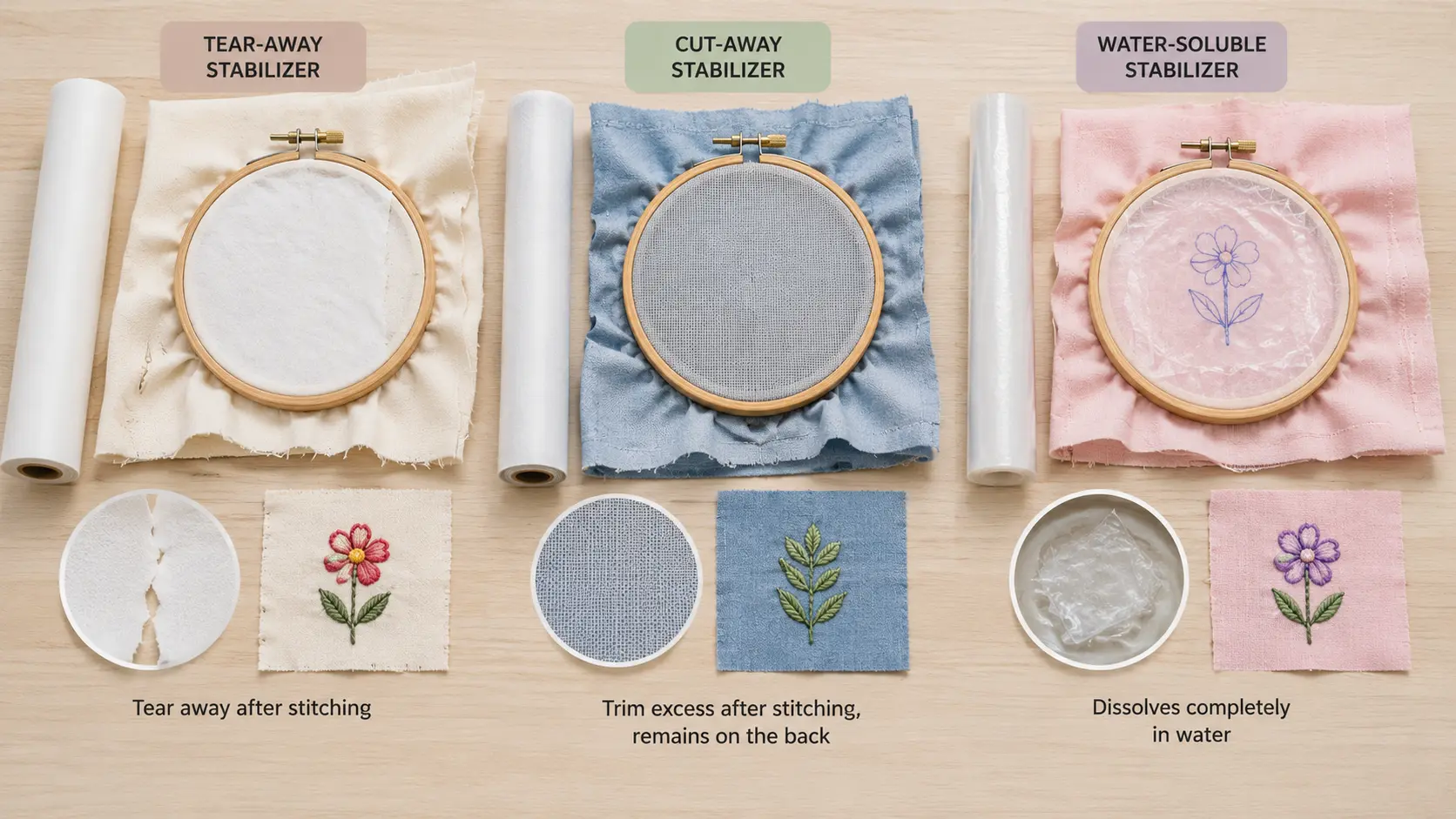 Flat lay of embroidery stabilizers positioned behind fabric samples in hoops, showing materials used to prevent stretching and distortion