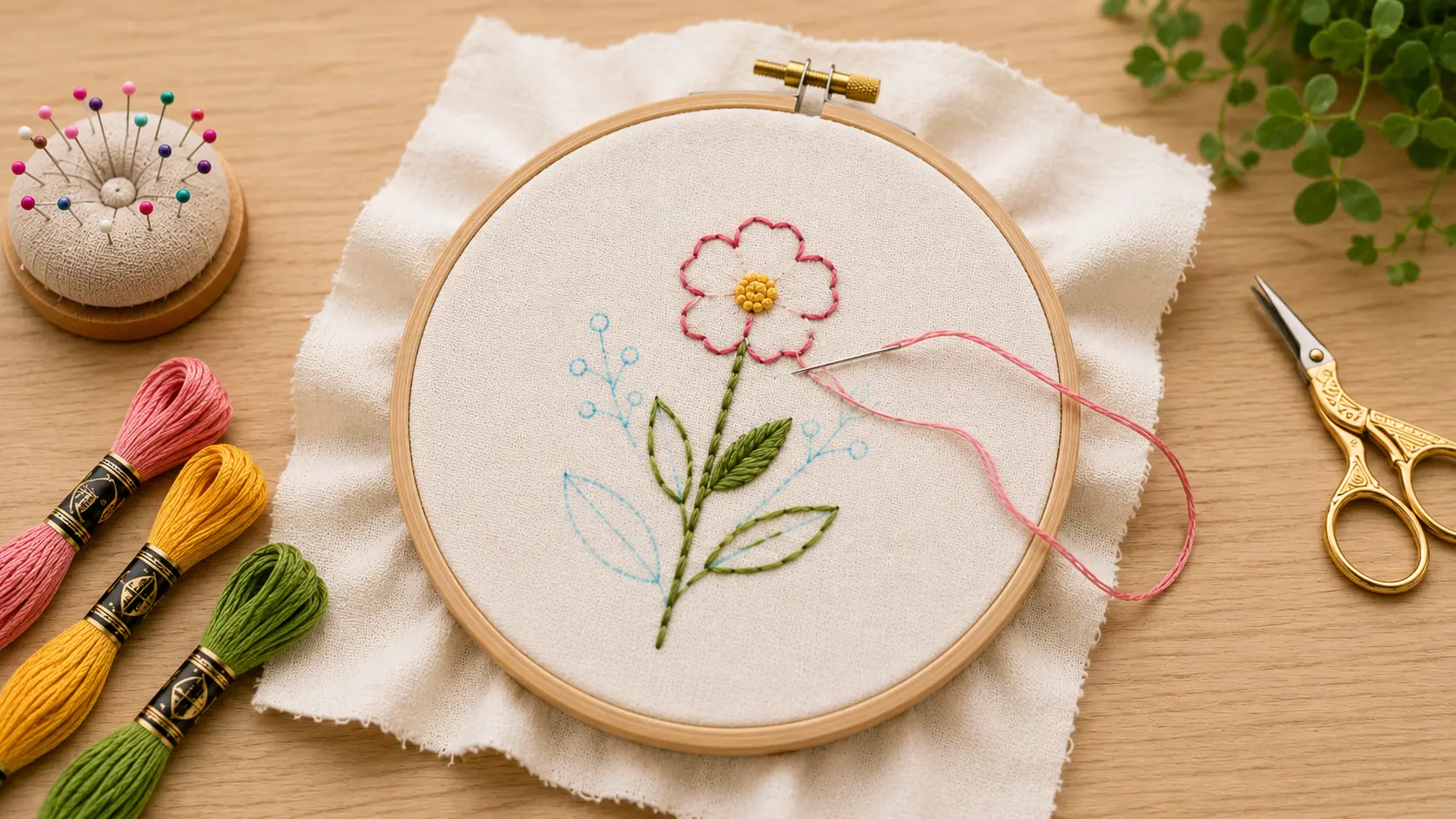 Embroidery design partially stitched inside a hoop, with outlined petals and filled center sections showing the early stages of stitching