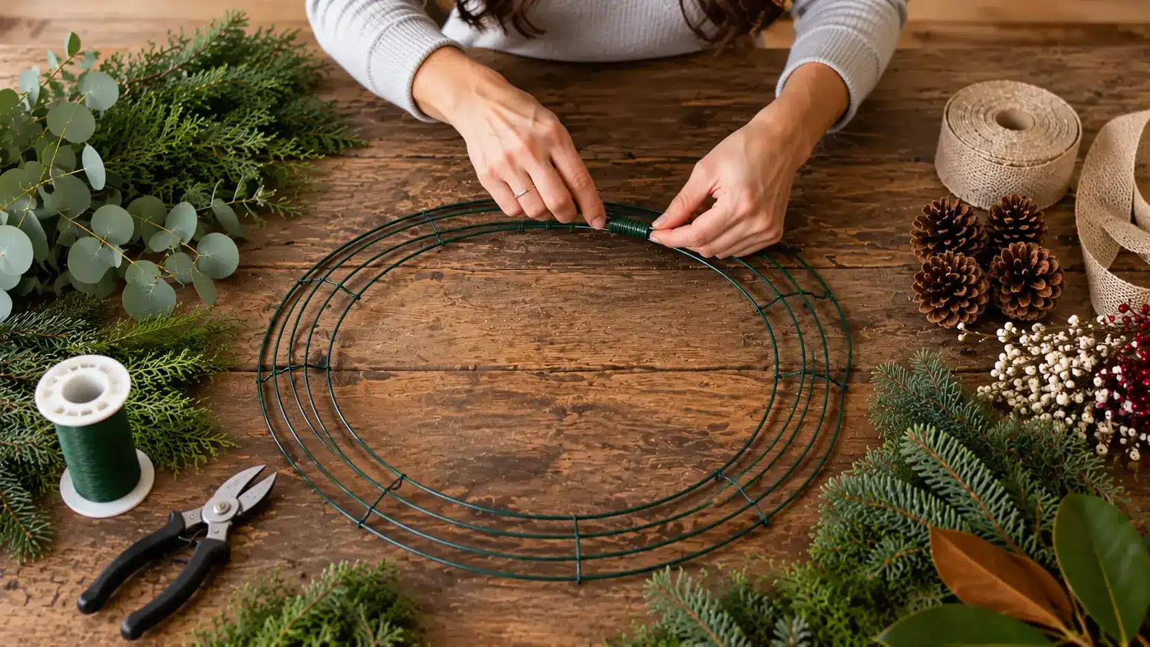 Person securing floral wire to a metal wreath frame surrounded by evergreen branches, pinecones, berries, and ribbon