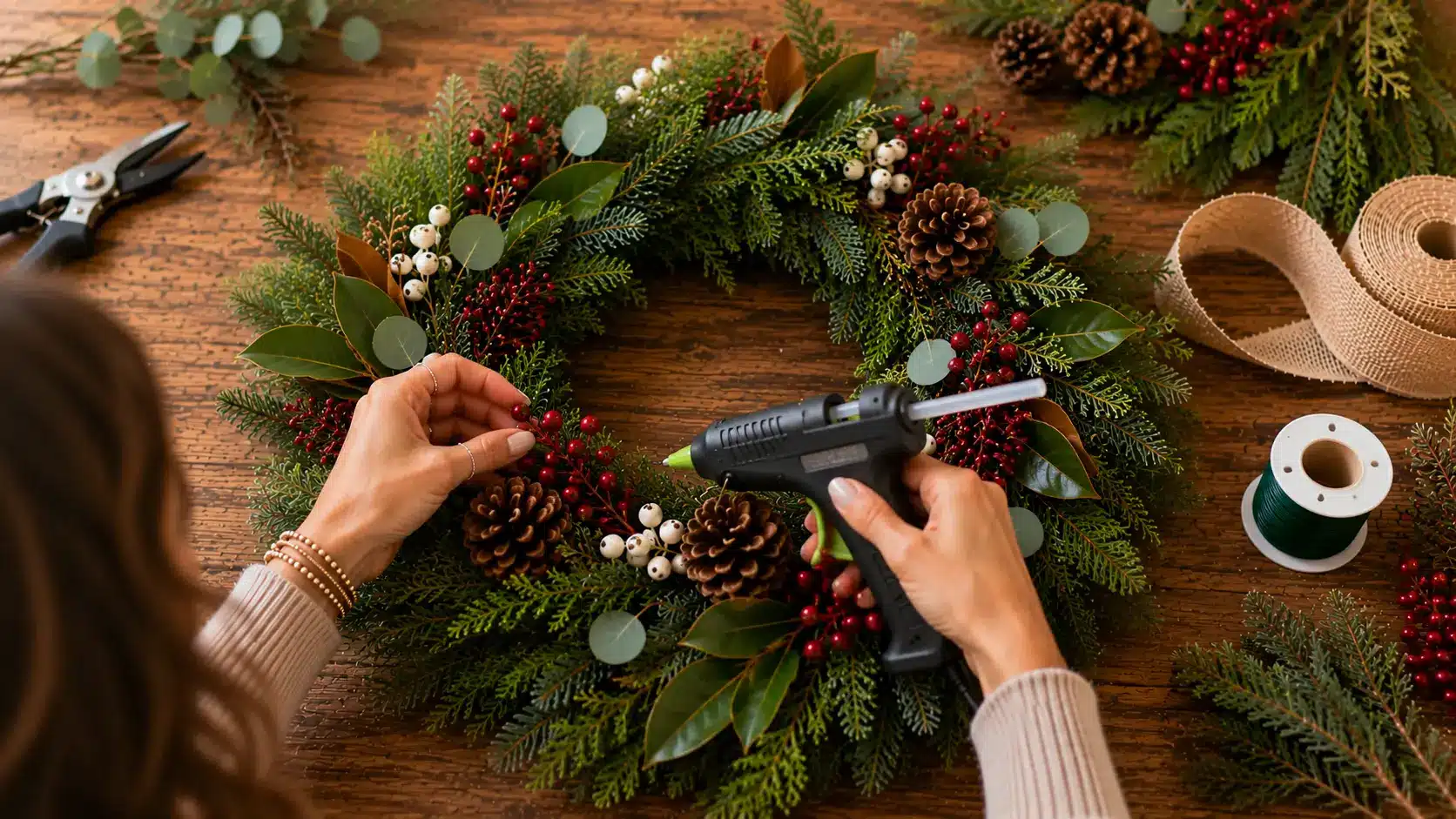 Person using a hot glue gun to attach berries and pinecones to a festive evergreen wreath