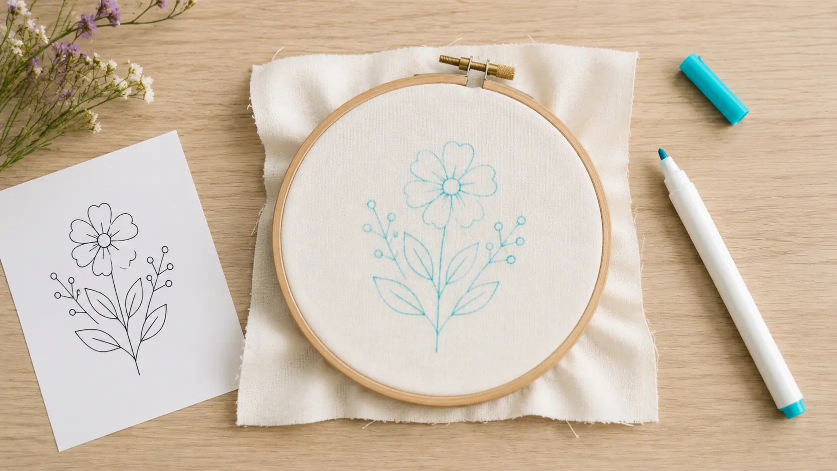 Embroidery pattern traced onto fabric inside a hoop using a water-soluble marker, with the original design reference placed beside it