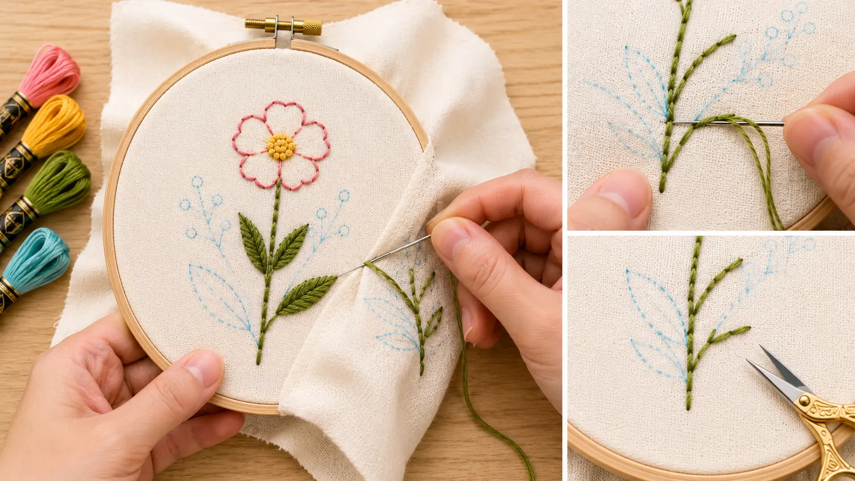 Back side of an embroidery hoop showing thread woven under existing stitches to secure the end neatly