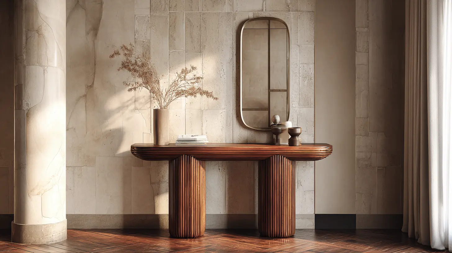 A console table with a fluted wooden texture and rounded edges sits in a brightly lit hallway