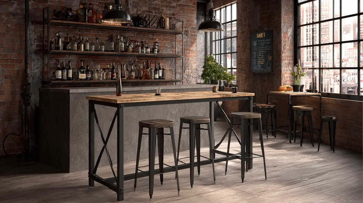 An industrial console table with a wooden top and a black metal cross-braced frame stands in a bar