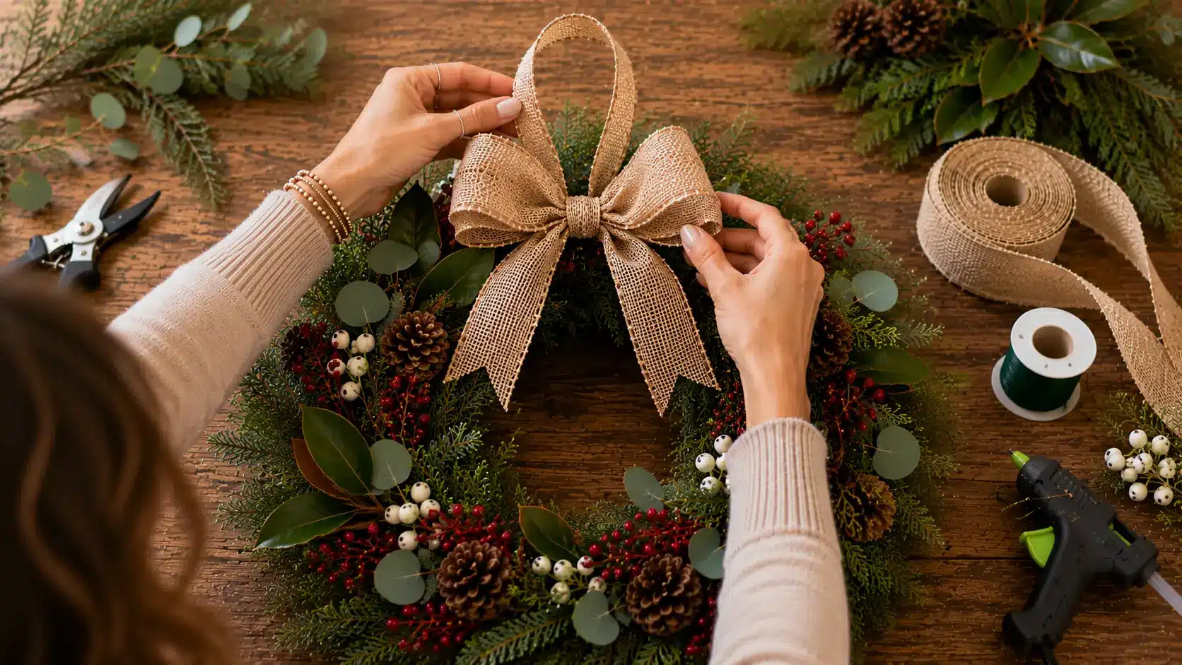 Person attaching a burlap bow to a finished evergreen wreath decorated with pinecones, berries, and magnolia leaves