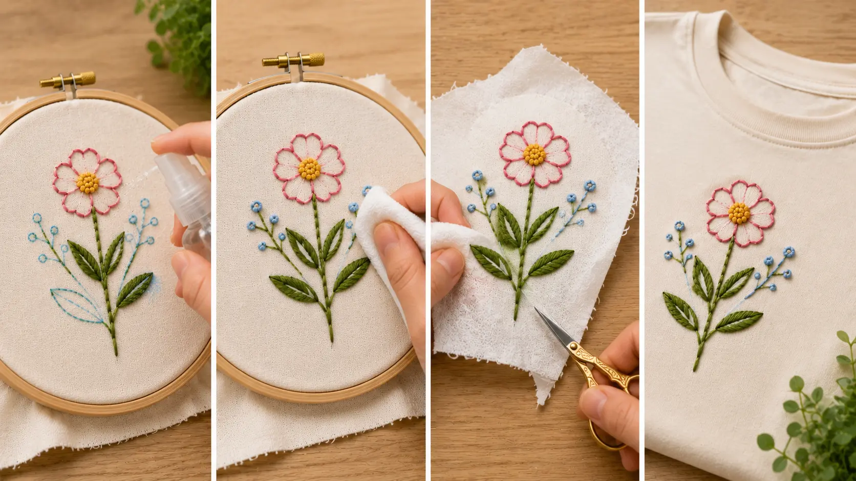 Finished embroidery design being cleaned and trimmed, with stabilizer removed and the completed floral stitching displayed