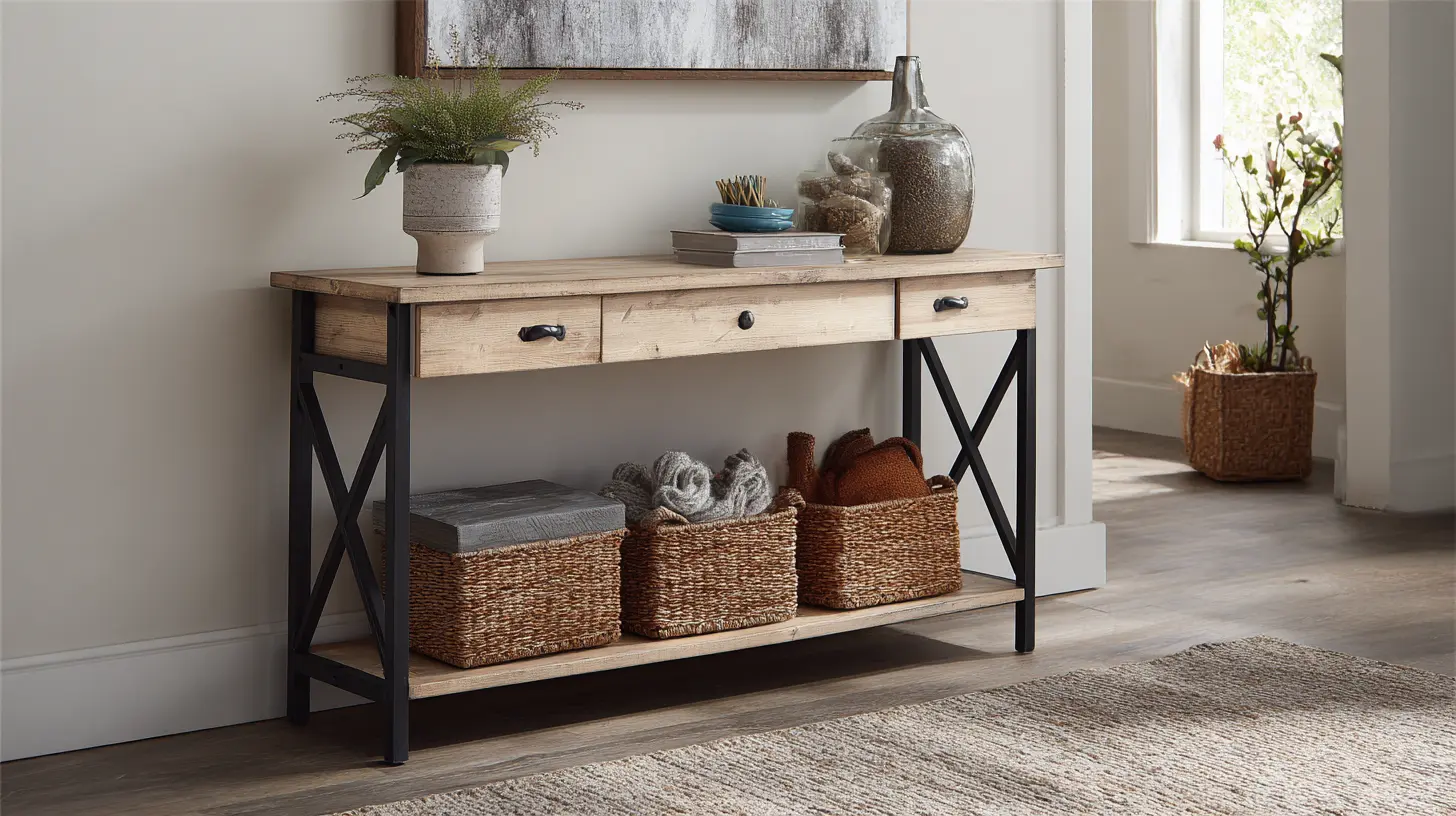 A rustic console table with light wood drawers, an open bottom shelf holding woven storage baskets,