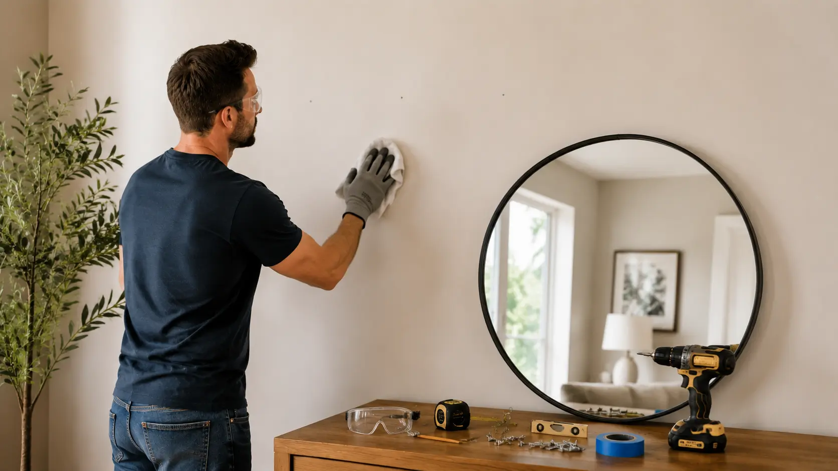 A man wearing gloves and safety goggles prepares a wall to hang a large mirror, with tools laid out on a wooden console in a bright, modern living room.