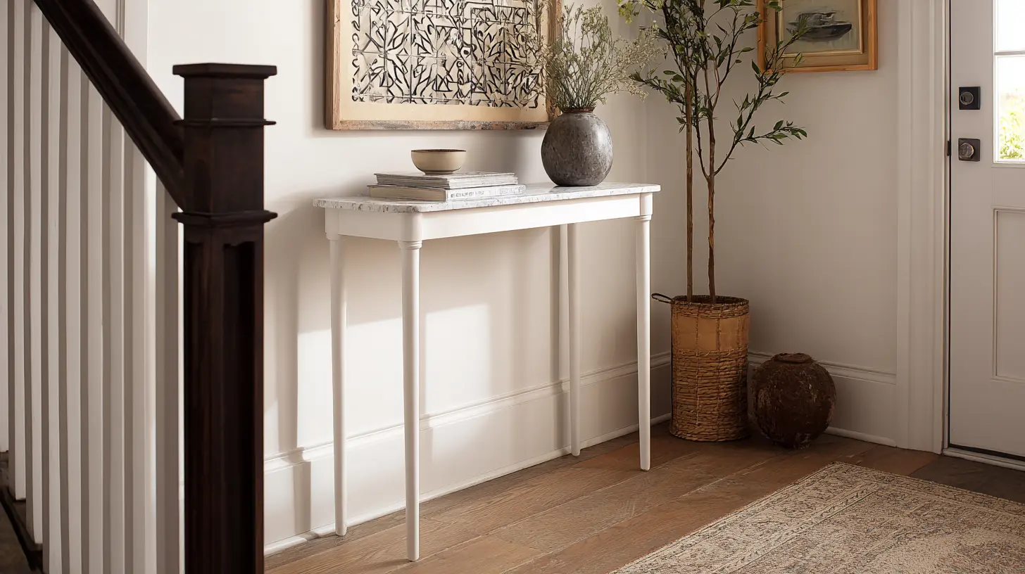A narrow white console table with a marble top stands in a compact entryway beside a staircase