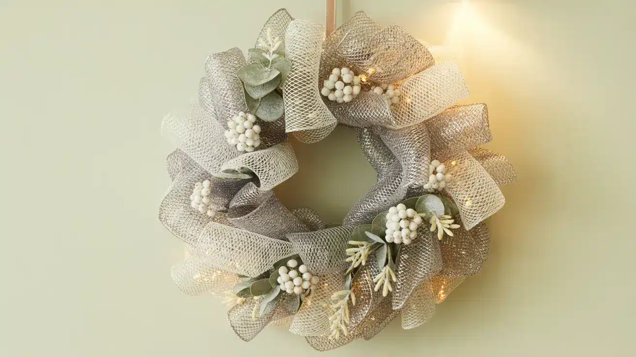 Silver mesh wreath with white berry accents, eucalyptus leaves, and warm fairy lights hanging on a soft neutral wall