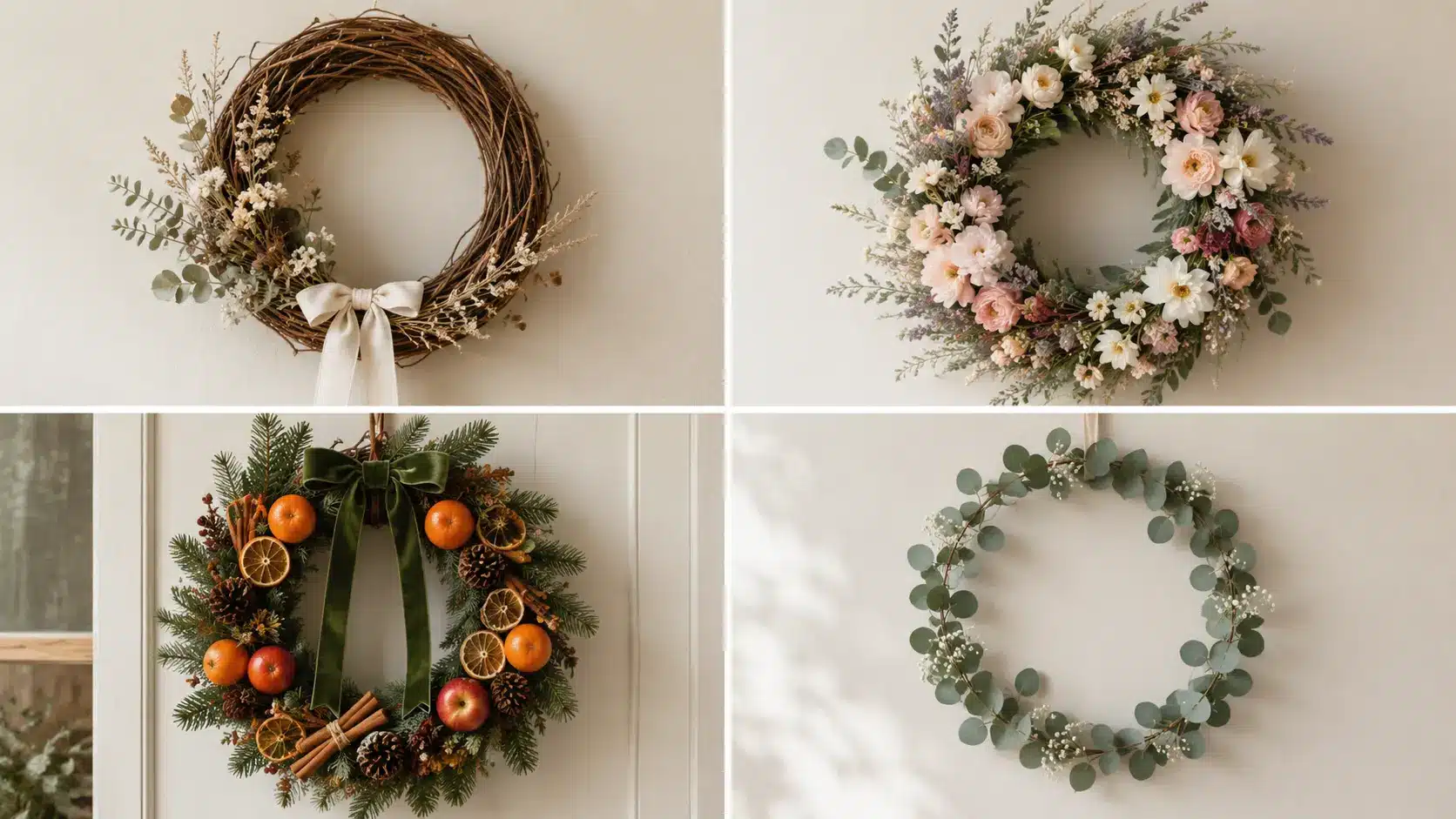Collage featuring four wreath styles, grapevine, floral, seasonal, and minimalist, displayed on neutral walls with natural textures