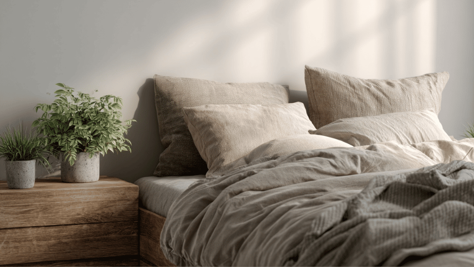 Minimalist bedroom with indoor plants and soft natural modern decor.