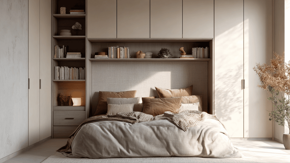 Modern minimalist bedroom with storage and clean clutter-free design.