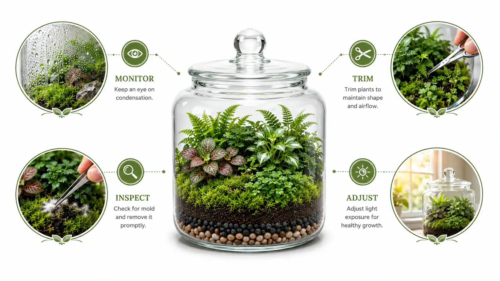 Infographic showing key maintenance tasks for a self-sustaining terrarium